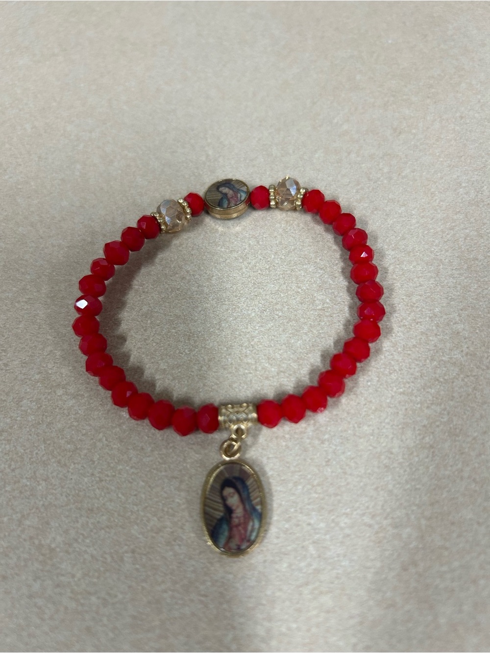 Gold-Accent Red Beaded Virgen Guadalupe Charm Bracelet